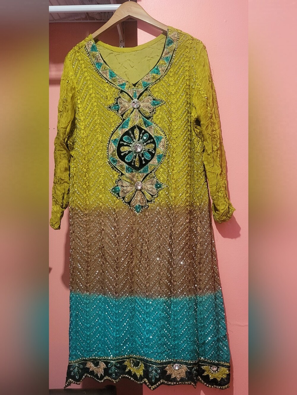 Kids Embellished Colorblock Party Dress - Yellow Turquoise Brown